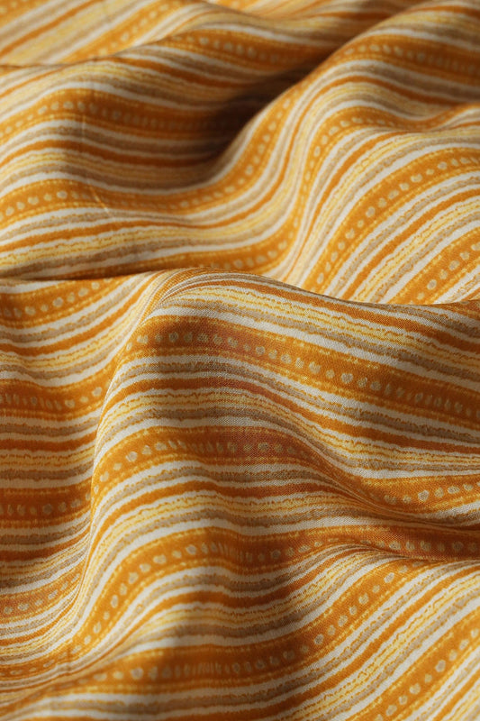 Mustard Yellow And Cream Stripes Print On Viscose Chanderi Silk Fabric