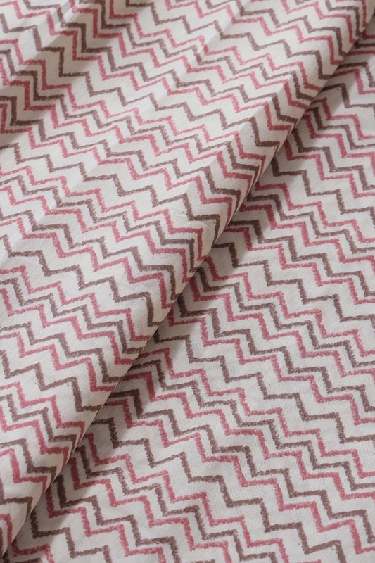 Mystic Pink And Brown Chevron Print On Cream Viscose Chanderi Silk Fabric