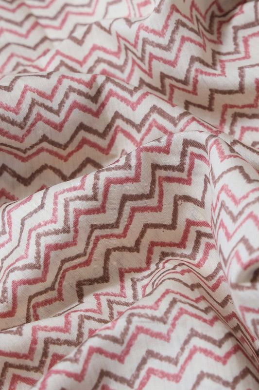 Mystic Pink And Brown Chevron Print On Cream Viscose Chanderi Silk Fabric