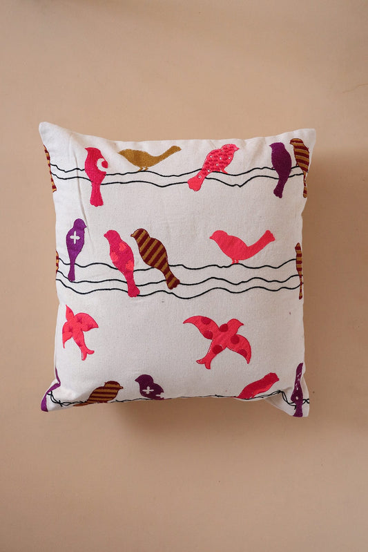 Natural Birds Embroidery on off white cotton Cushion Cover (16*16 inches)