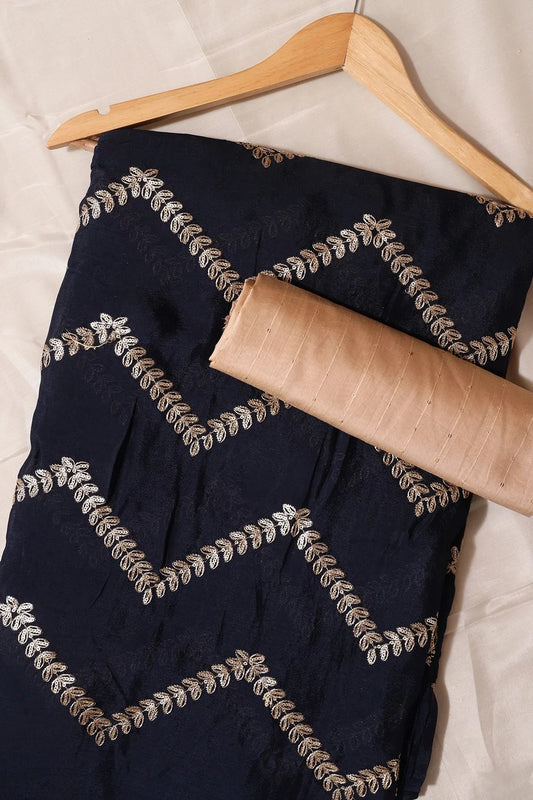 Navy Blue And Beige Saree Set (2 Piece)