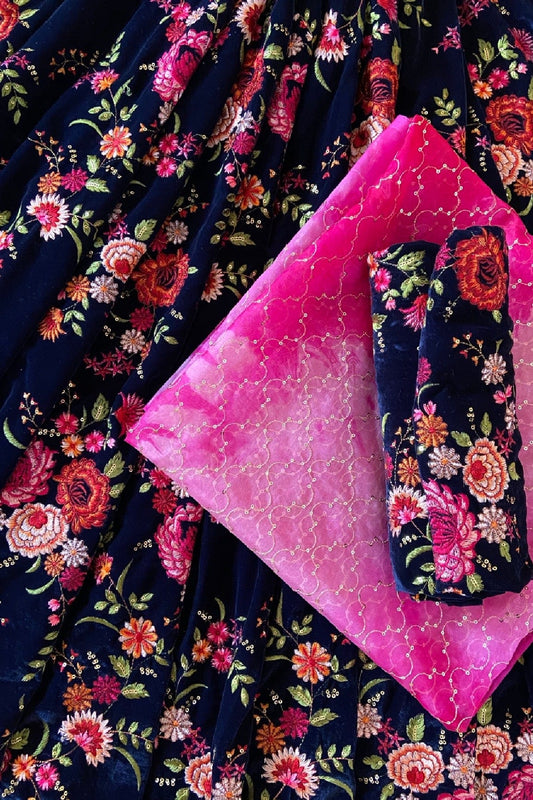 Navy Blue And Fuchsia Unstitched Lehenga Set Fabric (3 Piece)