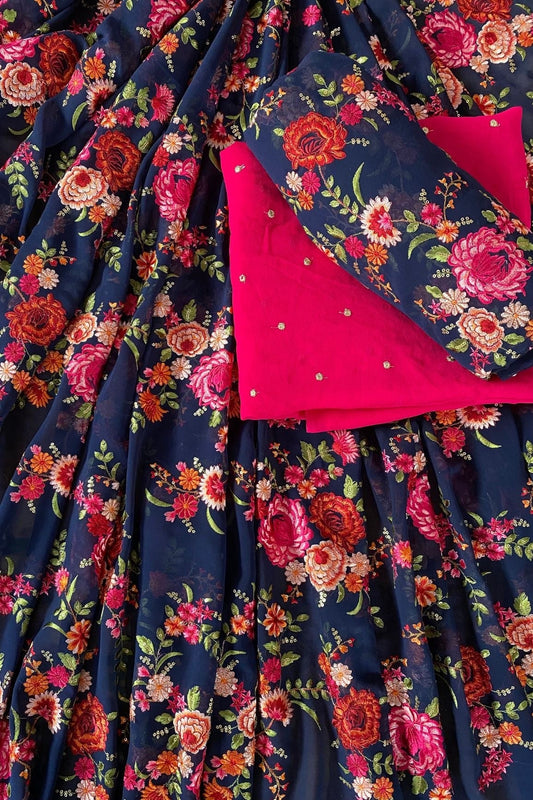 Navy Blue And Fuchsia Unstitched Lehenga Set Fabric (3 Piece)