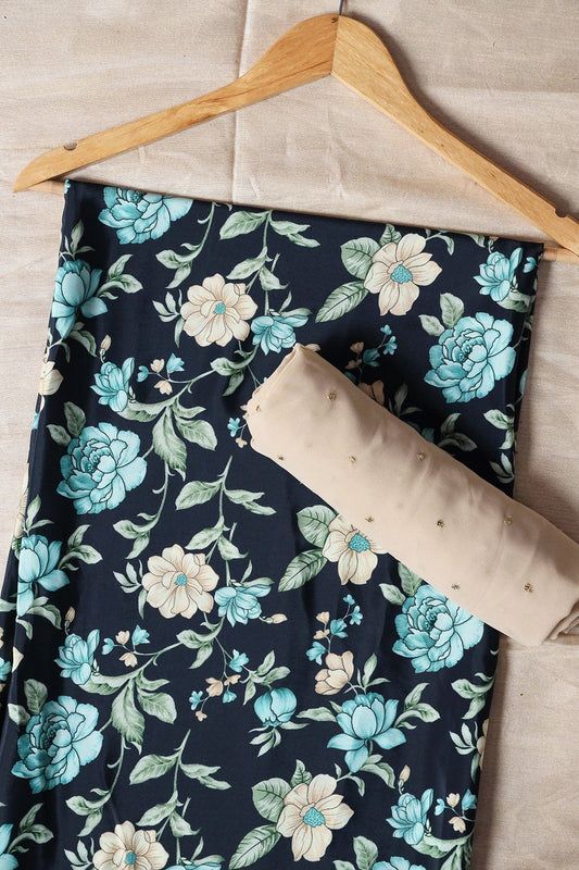 Navy Blue And Light Beige Saree set (2 Piece)