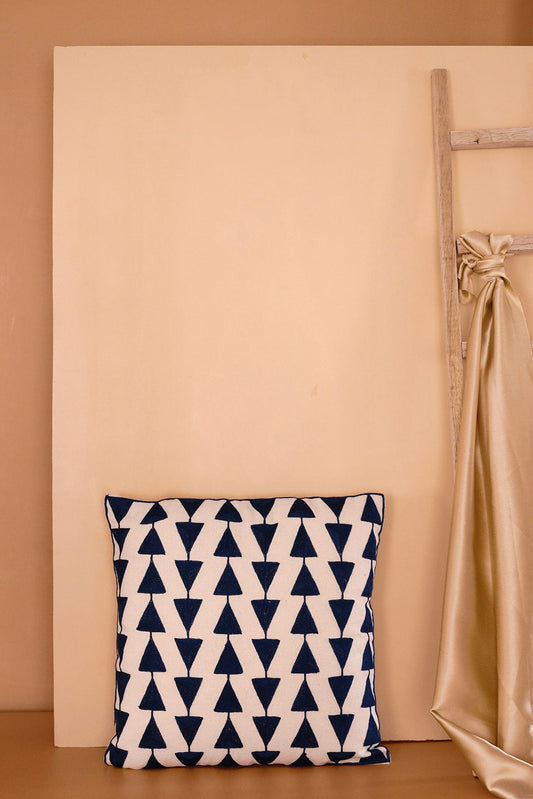 Navy Blue Embroidery on off white cotton Cushion Cover (16*16 inches)