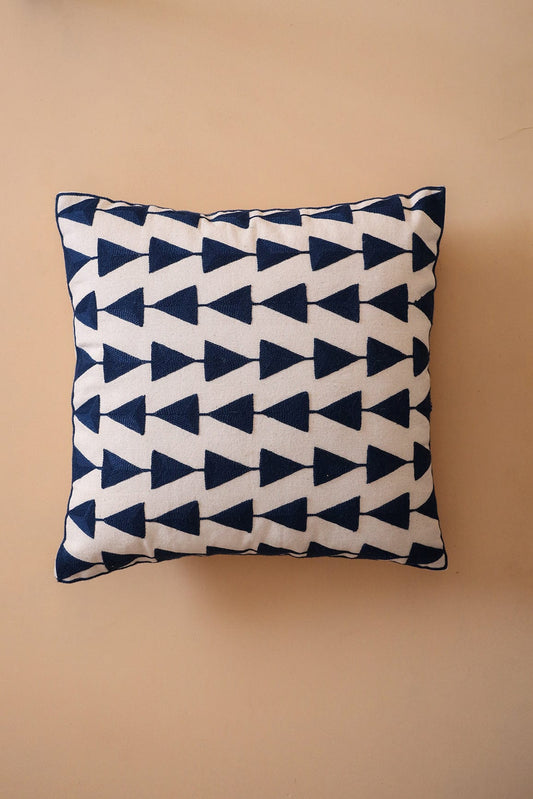 Navy Blue Embroidery on off white cotton Cushion Cover (16*16 inches)