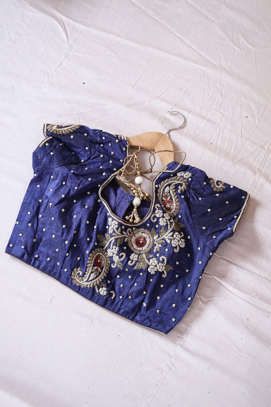 Navy Blue Hand Work Embroidery Raw Silk Stitched Blouse