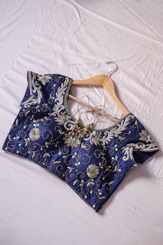 Navy Blue Hand Work Embroidery Raw Silk Stitched Blouse