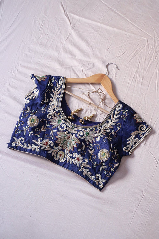 Navy Blue Hand Work Embroidery Raw Silk Stitched Blouse