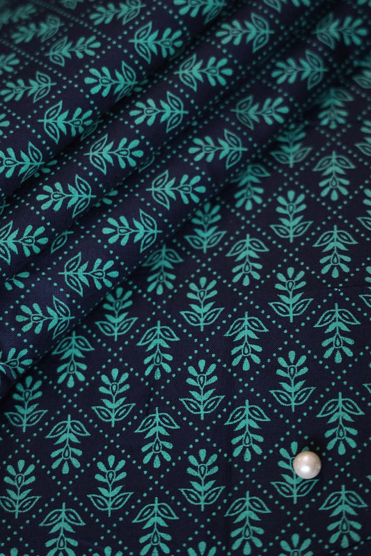 Navy Blue Small Floral Booti Pattern Screen Print on cotton Rayon Fabric