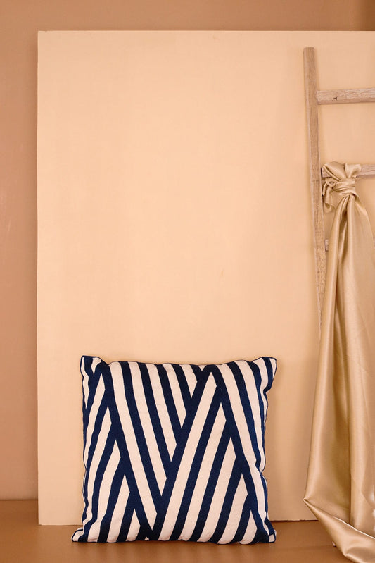 Navy Blue Stripped Embroidery on off white cotton Cushion Cover (16*16 inches)