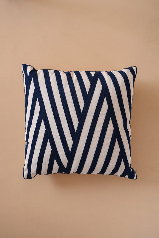 Navy Blue Stripped Embroidery on off white cotton Cushion Cover (16*16 inches)