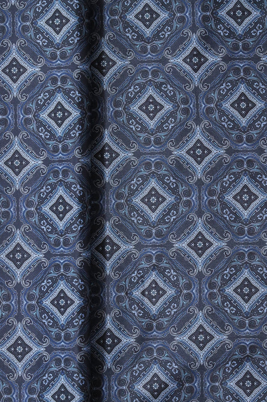 Navy Blue Traditional Pattern Digital Print On Black French Crepe Fabric