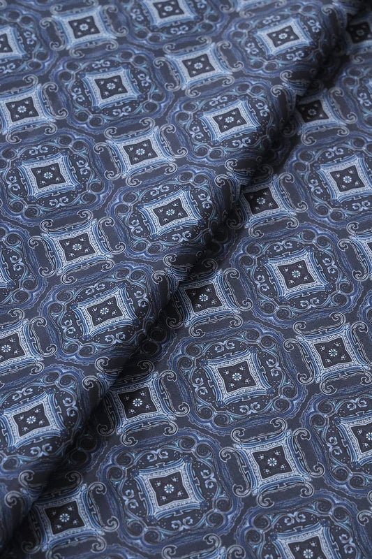 Navy Blue Traditional Pattern Digital Print On Black French Crepe Fabric