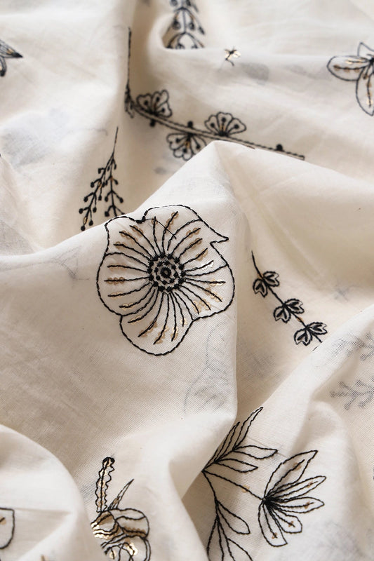 Off White And Black Organic Cotton Unstitched Suit Set (2 Piece)