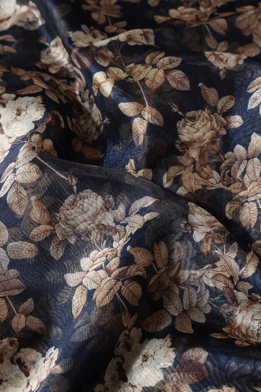 Off White And Brown Floral Digital Print On Navy Blue Organza Fabric