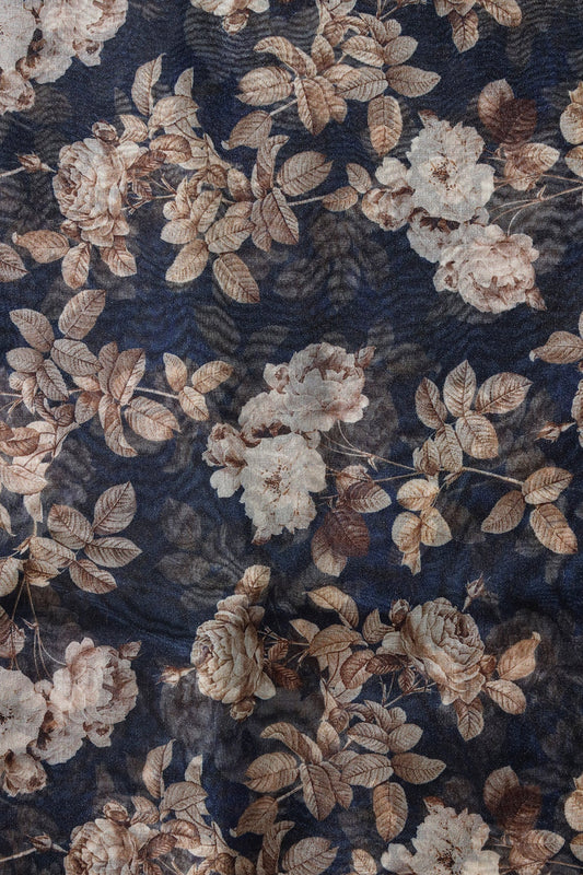 Off White And Brown Floral Digital Print On Navy Blue Organza Fabric