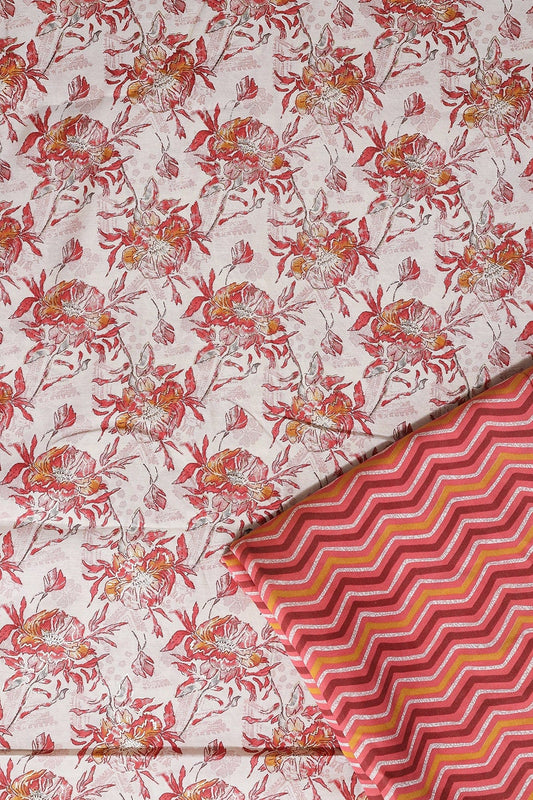 Off White And Pink Viscose Chanderi Silk Unstitched Suit (2 Piece)