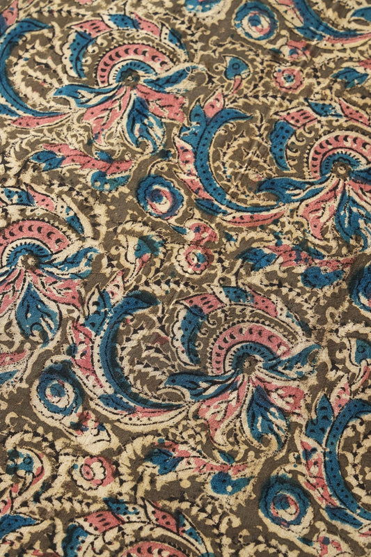 Olive And Light Beige Floral Pattern Handblock Kalamkari Organic Cotton Fabric