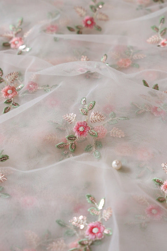 Olive And Pink Thread With Gold Sequins Floral Butta Embroidery On Cream Soft Net Fabric