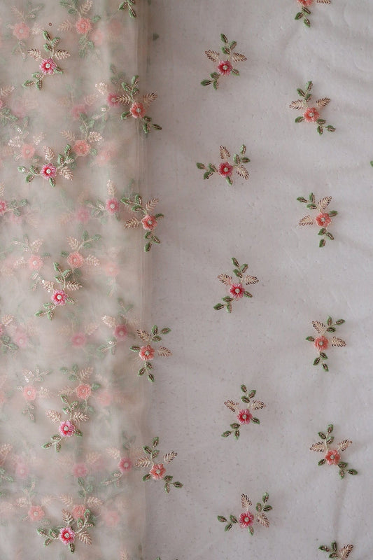Olive And Pink Thread With Gold Sequins Floral Butta Embroidery On Cream Soft Net Fabric