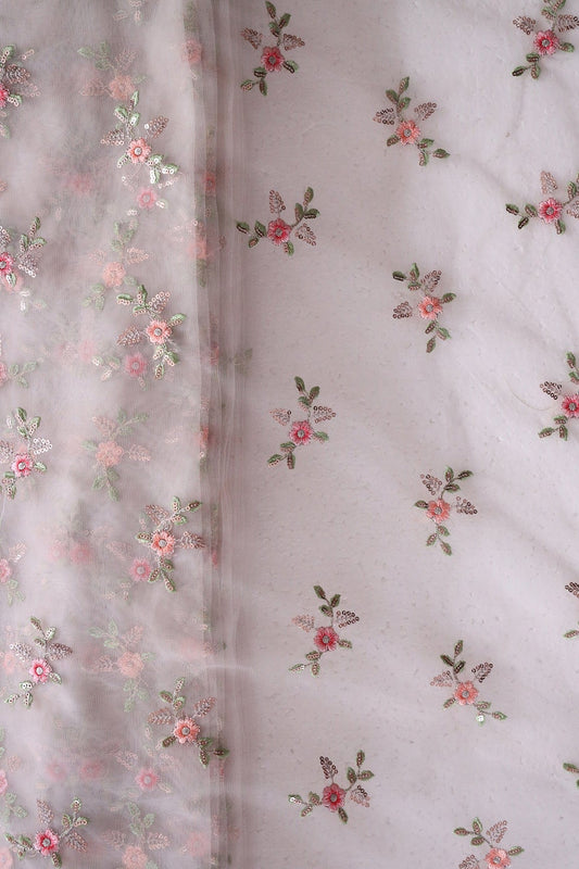 Olive And Pink Thread With Gold Sequins Floral Butta Embroidery On Pastel Grey Soft Net Fabric