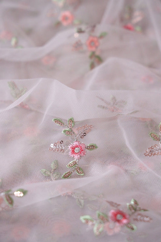 Olive And Pink Thread With Gold Sequins Floral Butta Embroidery On Pastel Grey Soft Net Fabric