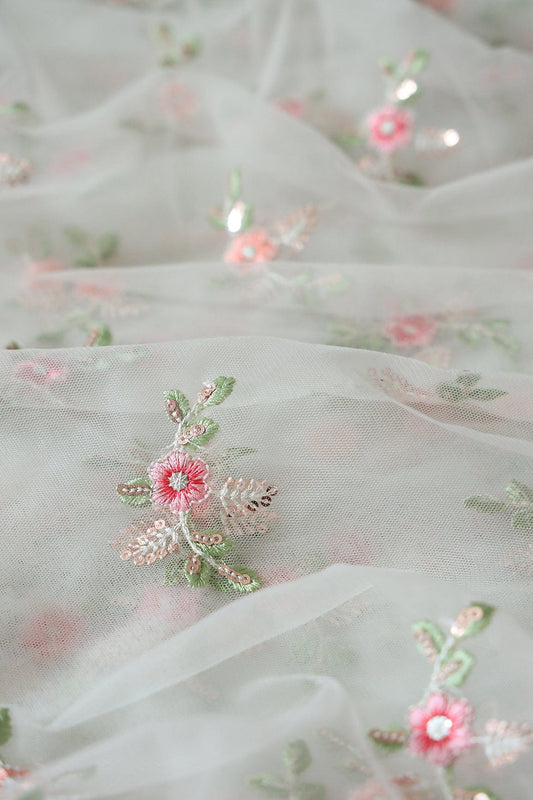 Olive And Pink Thread With Gold Sequins Floral Butta Embroidery On Pastel Olive Soft Net Fabric