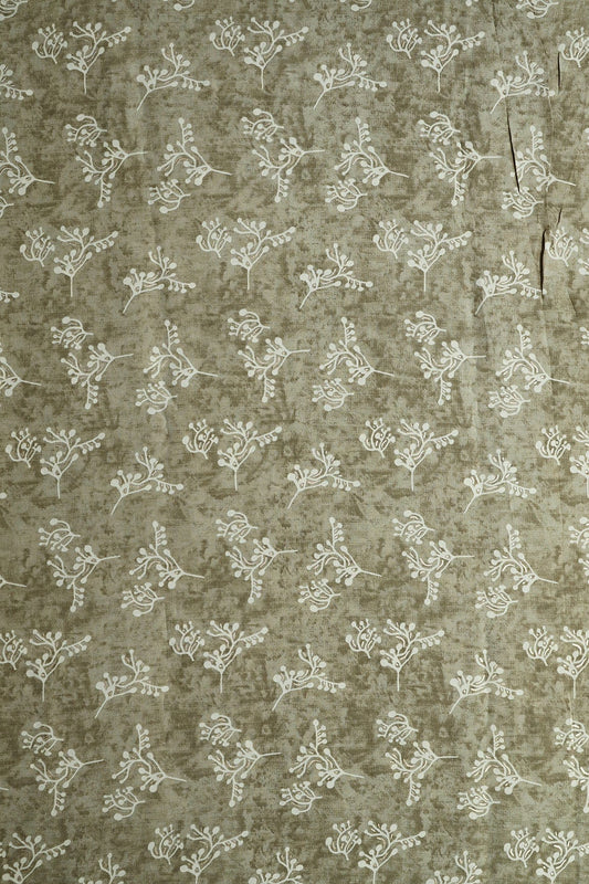 Olive Green And Cream Floral Foil Print On Viscose Chanderi Silk Fabric