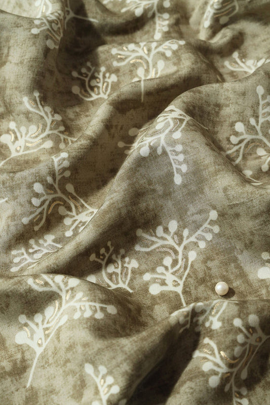 Olive Green And Cream Floral Foil Print On Viscose Chanderi Silk Fabric
