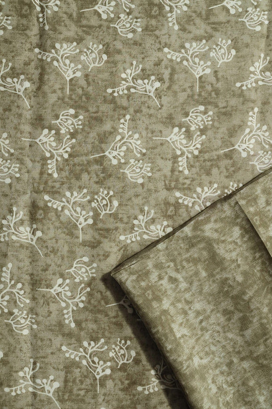 Olive Green And Cream Viscose Chanderi Silk Unstitched Suit (2 Piece)