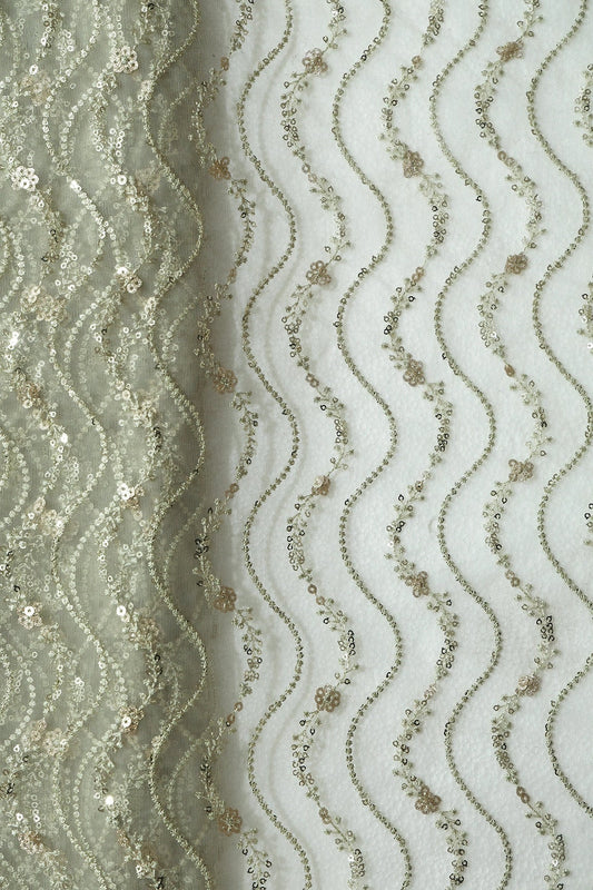 Olive Thread With Gold Sequins Wavy Embroidery On Olive Soft Net Fabric