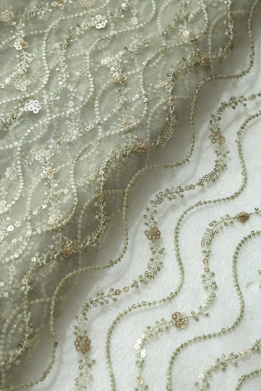 Olive Thread With Gold Sequins Wavy Embroidery On Olive Soft Net Fabric