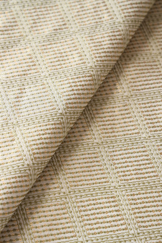 Olive Thread With Matte Sequins Checks Embroidery On Off White Raw Silk Fabric