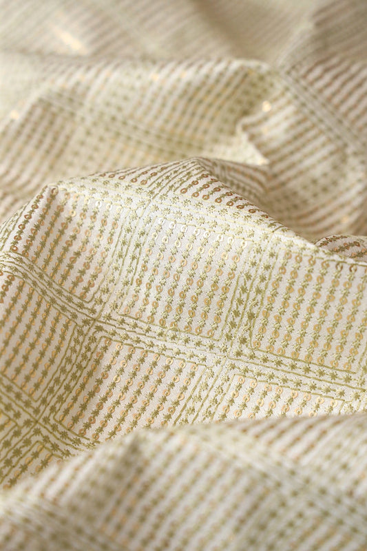 Olive Thread With Matte Sequins Checks Embroidery On Off White Raw Silk Fabric