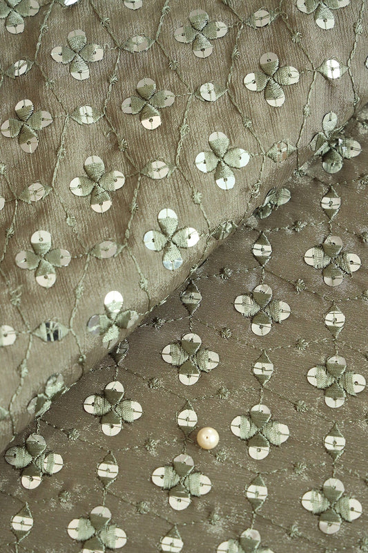 Olive Thread With Sequins Geometric Embroidery Work On Olive Chinnon Chiffon Fabric