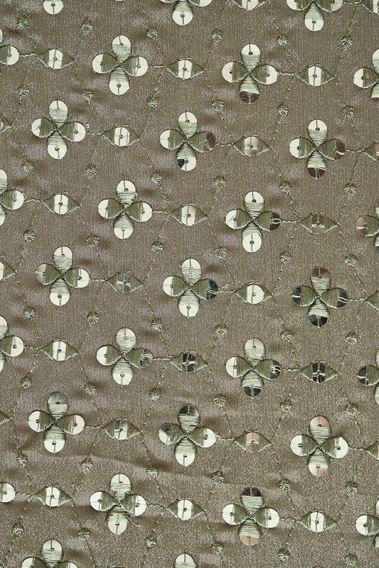 Olive Thread With Sequins Geometric Embroidery Work On Olive Chinnon Chiffon Fabric