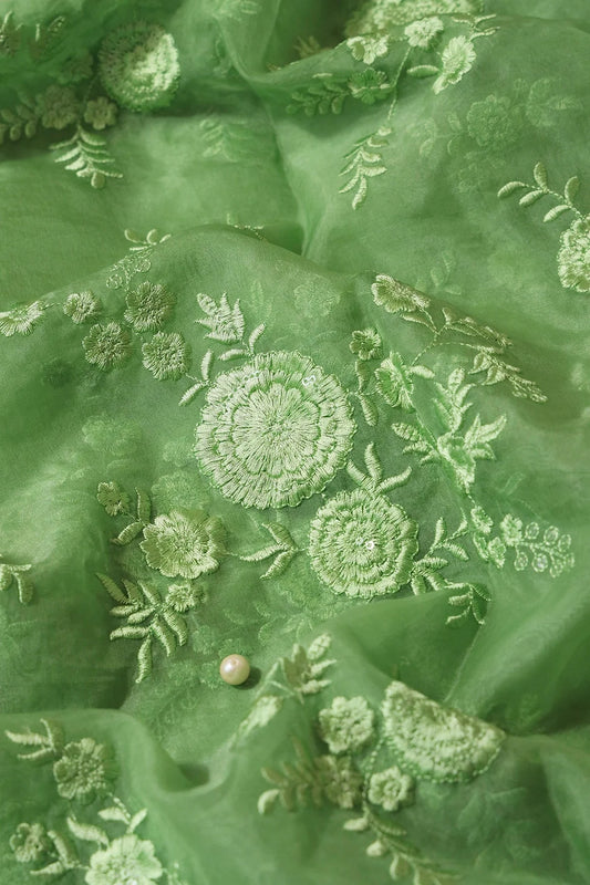 Olive Thread With Water Sequins Floral Embroidery Work On Olive Organza Fabric