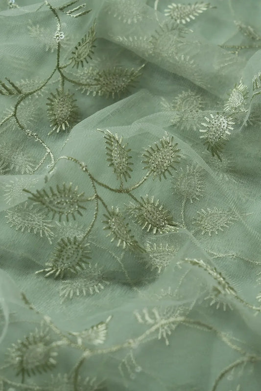 Olive Thread With Water Sequins Leafy Embroidery On Olive Soft Net Fabric