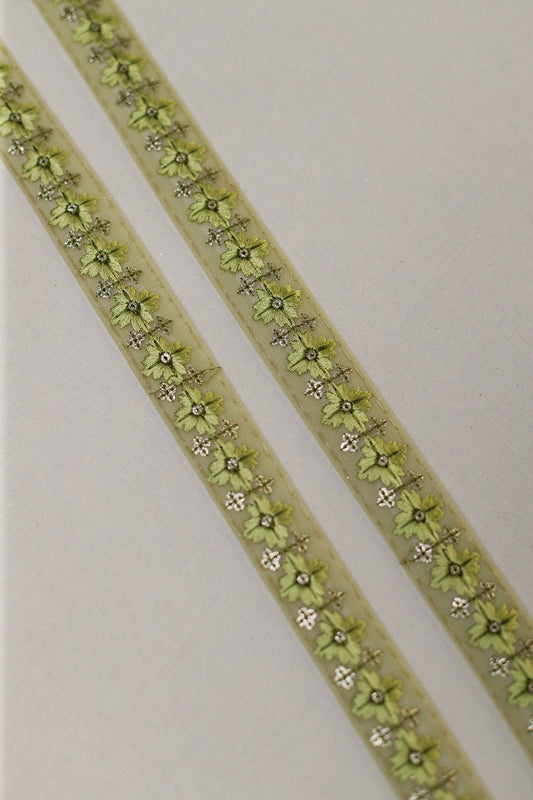 Olive Thread Work With Gold Sequins Embroidered Lace (9 Meters)