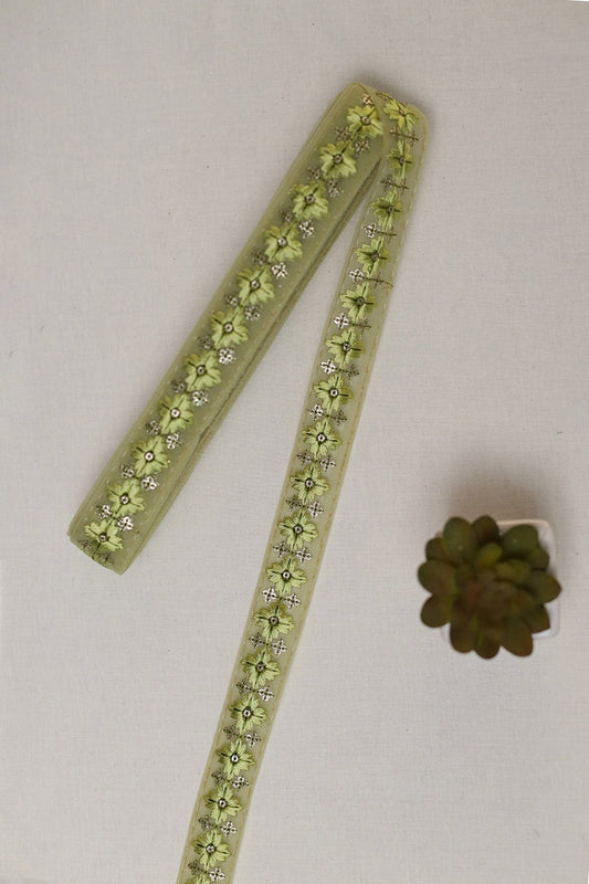 Olive Thread Work With Gold Sequins Embroidered Lace (9 Meters)