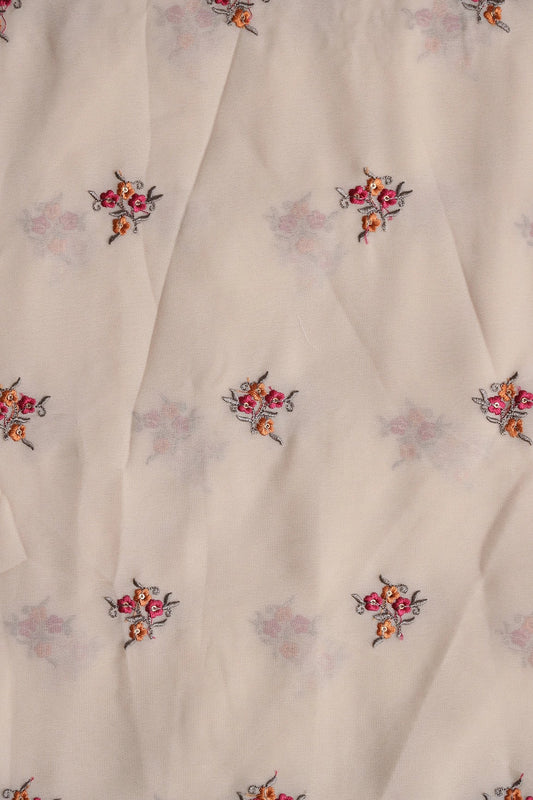 Orange And Dark Pink Thread With Sequins Floral Embroidery Work On Beige Georgette Fabric