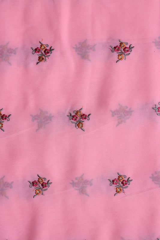Orange And Dark Pink Thread With Sequins Floral Embroidery Work On Pink Georgette Fabric