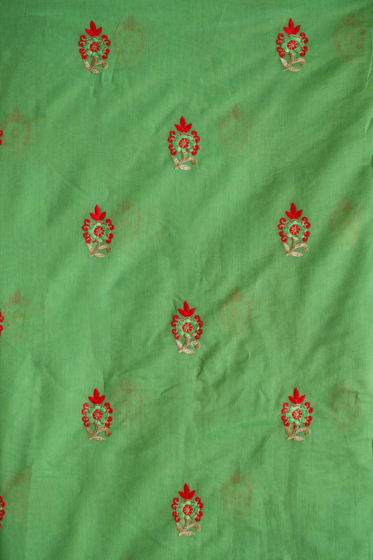 Orange And Green Floral Embroidery On Parrot Green Chanderi Fabric