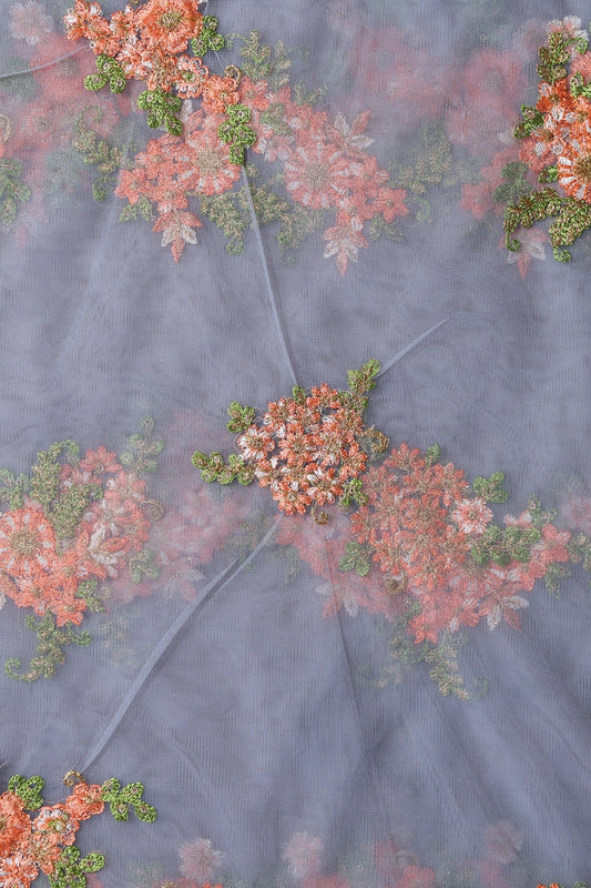 Orange And Olive Thread With Gold Sequins Floral Embroidery On Grey Soft Net Fabric