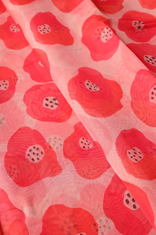 Orange And Pink Quirky Pattern Digital Print On Organza Fabric
