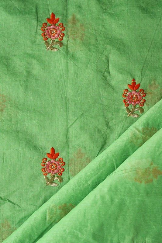 Orange And Pink Thread With Gold Zari Floral Embroidery On Green Chanderi Fabric