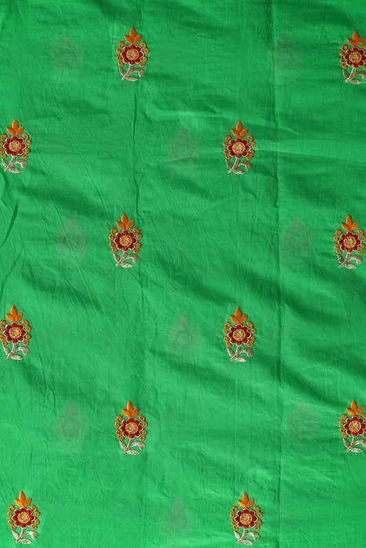 Orange And Red Floral Booti Zari Embroidery Work On Green Chanderi Fabric