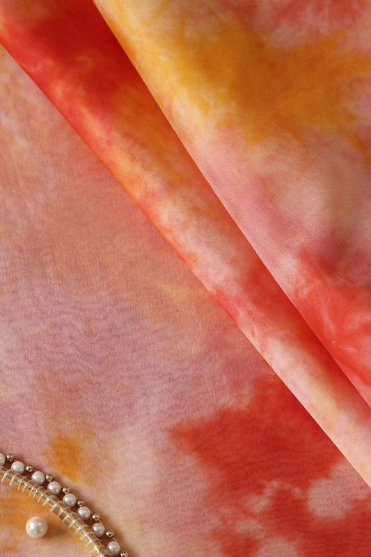 Orange And Yellow Tie & Dye Shibori Print On Organza Fabric