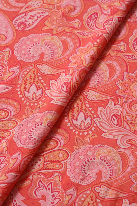 Orange Traditional Pattern Digital Print On French Crepe Fabric